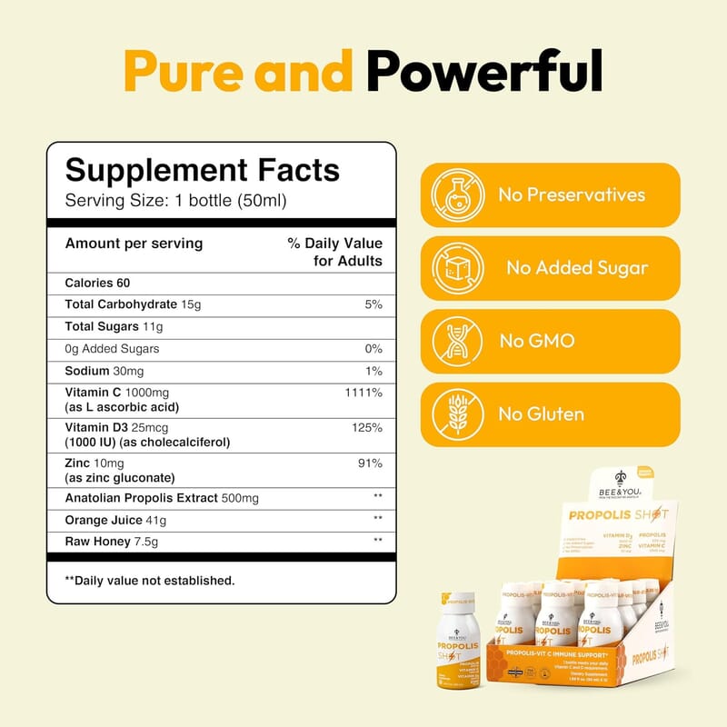 Bee & You Propolis Shots with Vitamin C & D3 (12x 1.69oz)