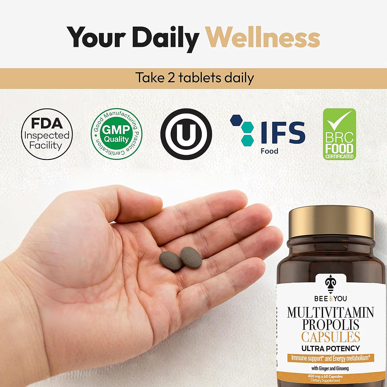 Bee & You Multivitamin Propolis Supplement with Ginger & Ginseng (60 Capsules)