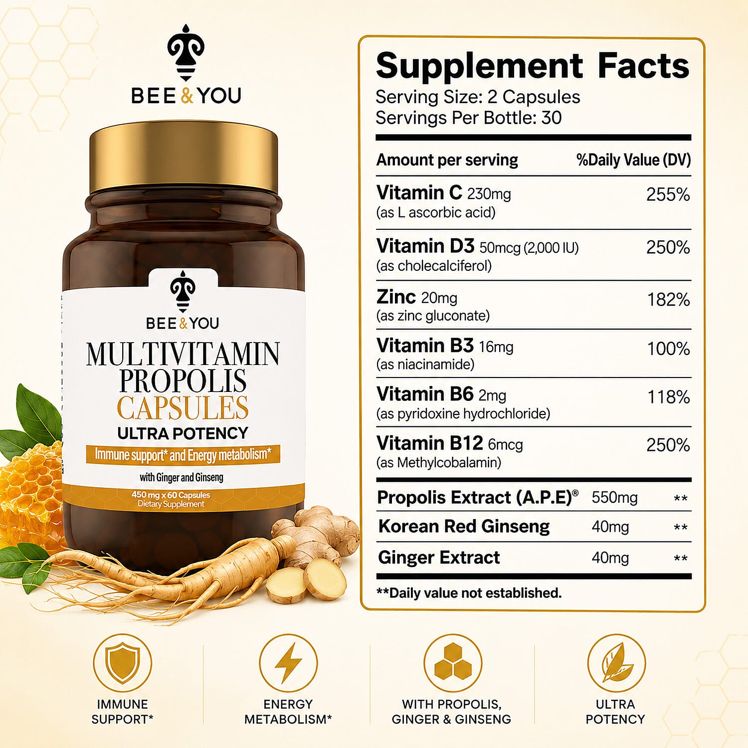 Bee & You Multivitamin Propolis Supplement with Ginger & Ginseng (60 Capsules)