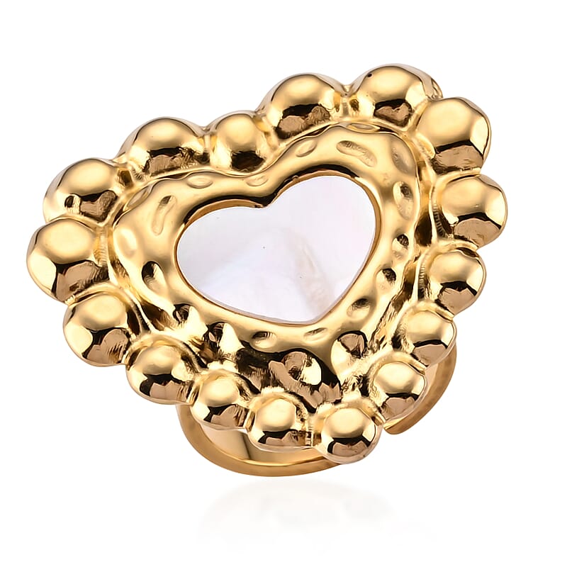 Glass Pearl Heart Ring in ION Plated YG Stainless Steel (Adjustable)