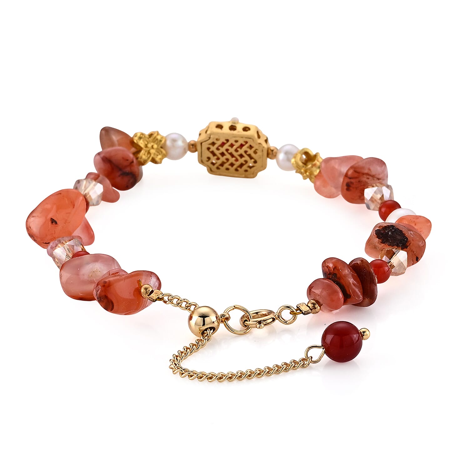 Red Onyx 35.00 ctw and Freshwater Pearl Bracelet in Goldtone (6.5-8.5In)