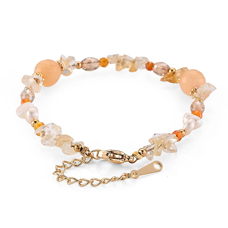 Brazilian Citrine 23.00 ctw and Freshwater Pearl Bracelet in Goldtone (6.5-8.5In)