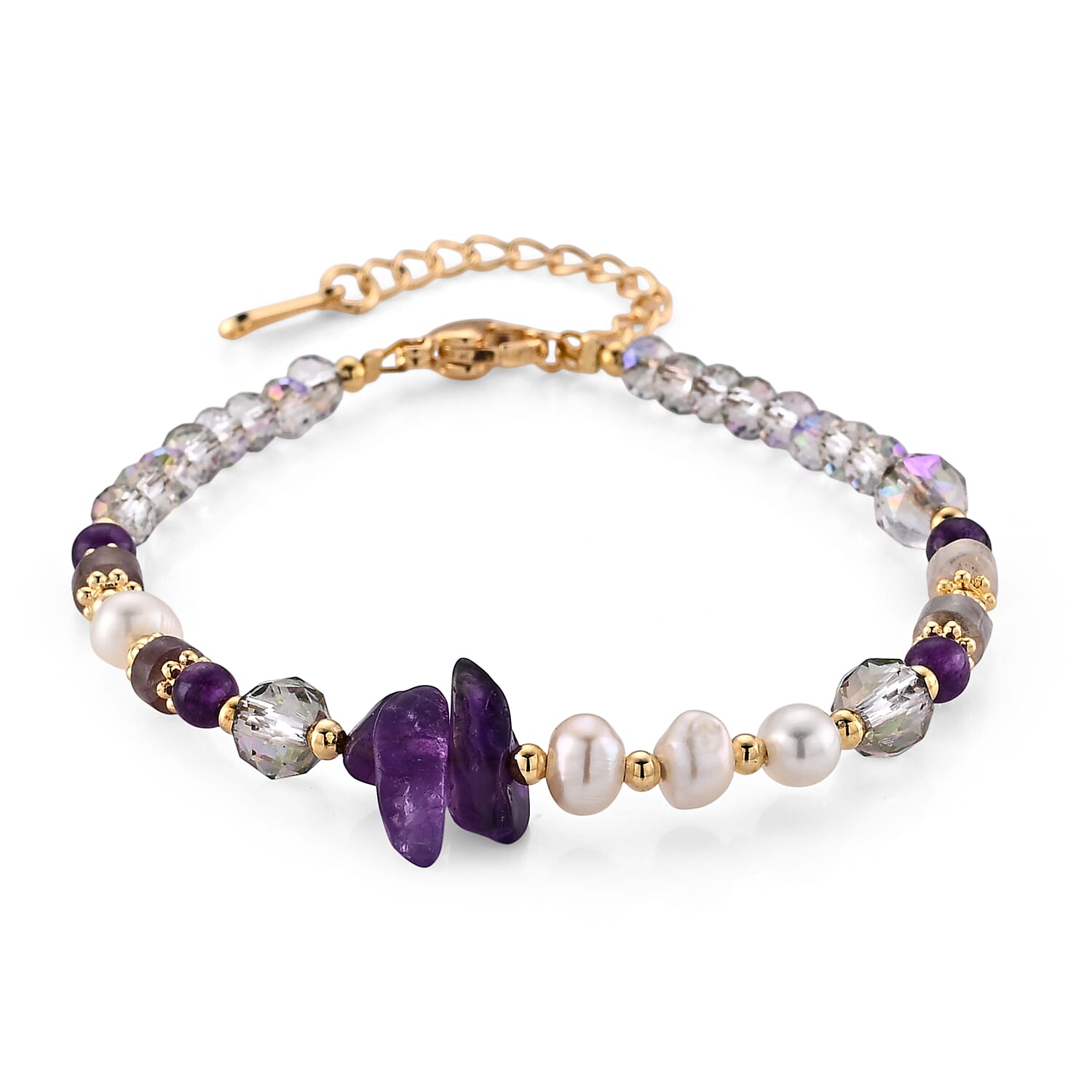 Multi Gemstone Beaded Bracelet in Goldtone (6.5-8.5In)
