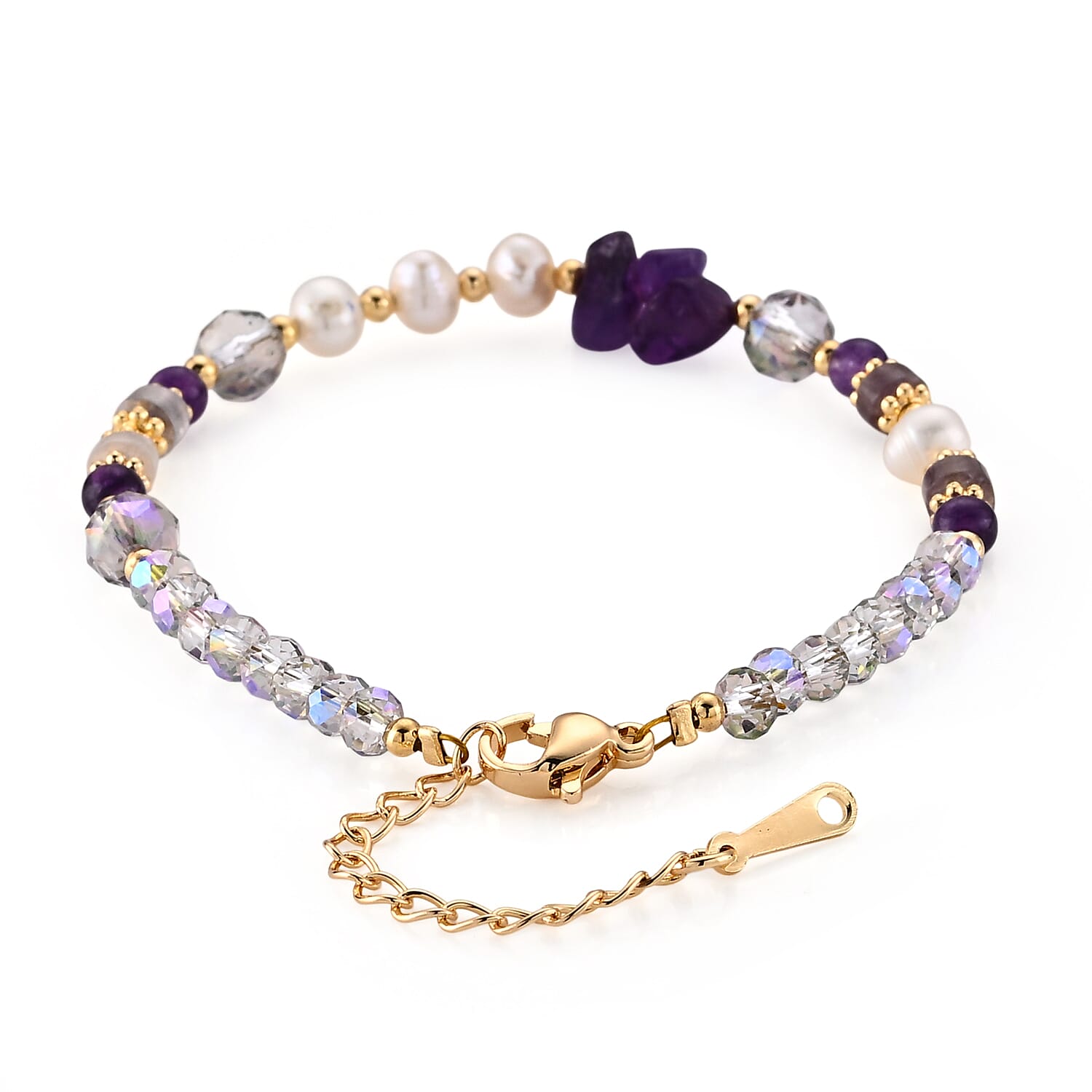 Multi Gemstone Beaded Bracelet in Goldtone (6.5-8.5In)