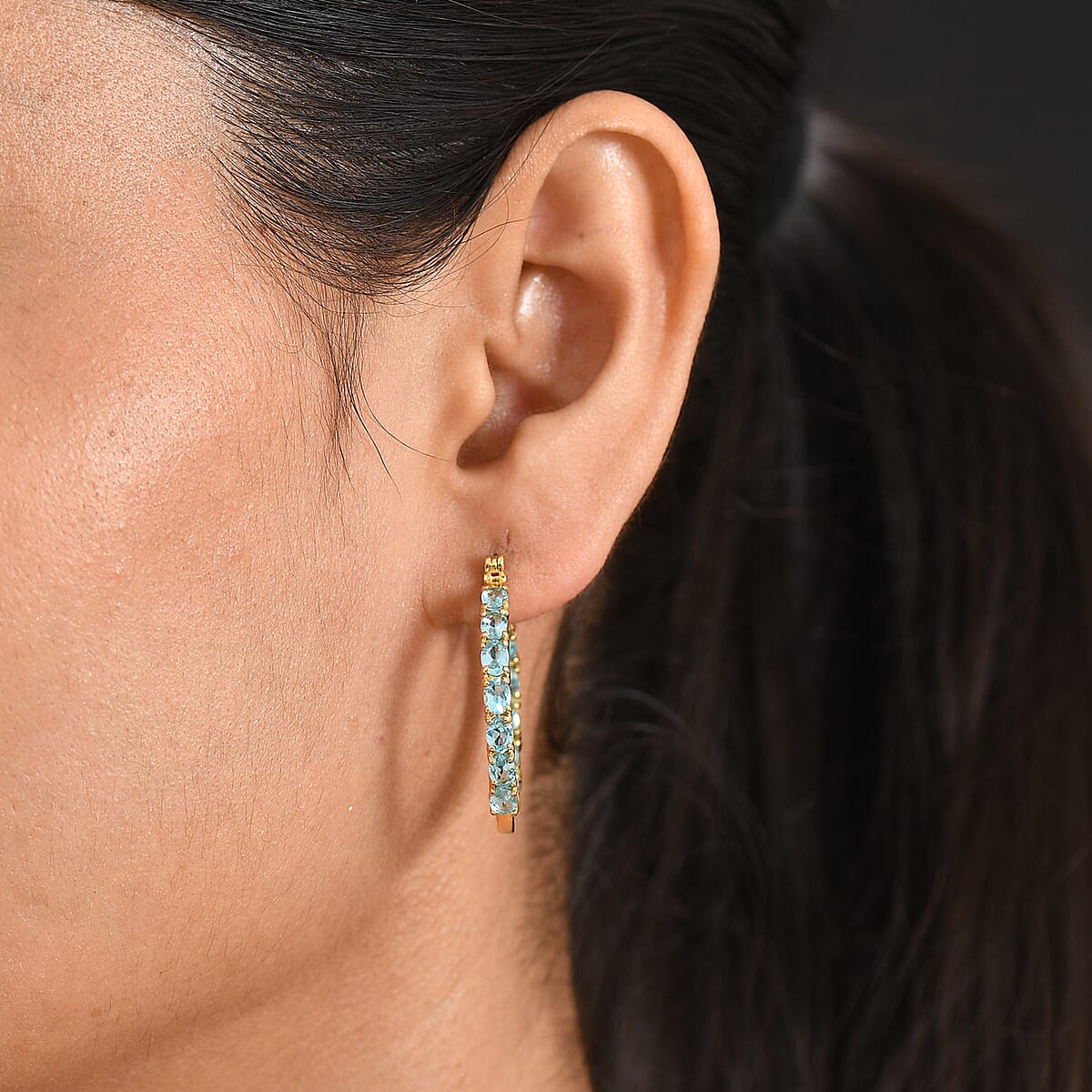 EverTrue Betroka Blue Apatite 4.40 ctw Timeless Hoop Earrings in 18K YG Plated image number 2