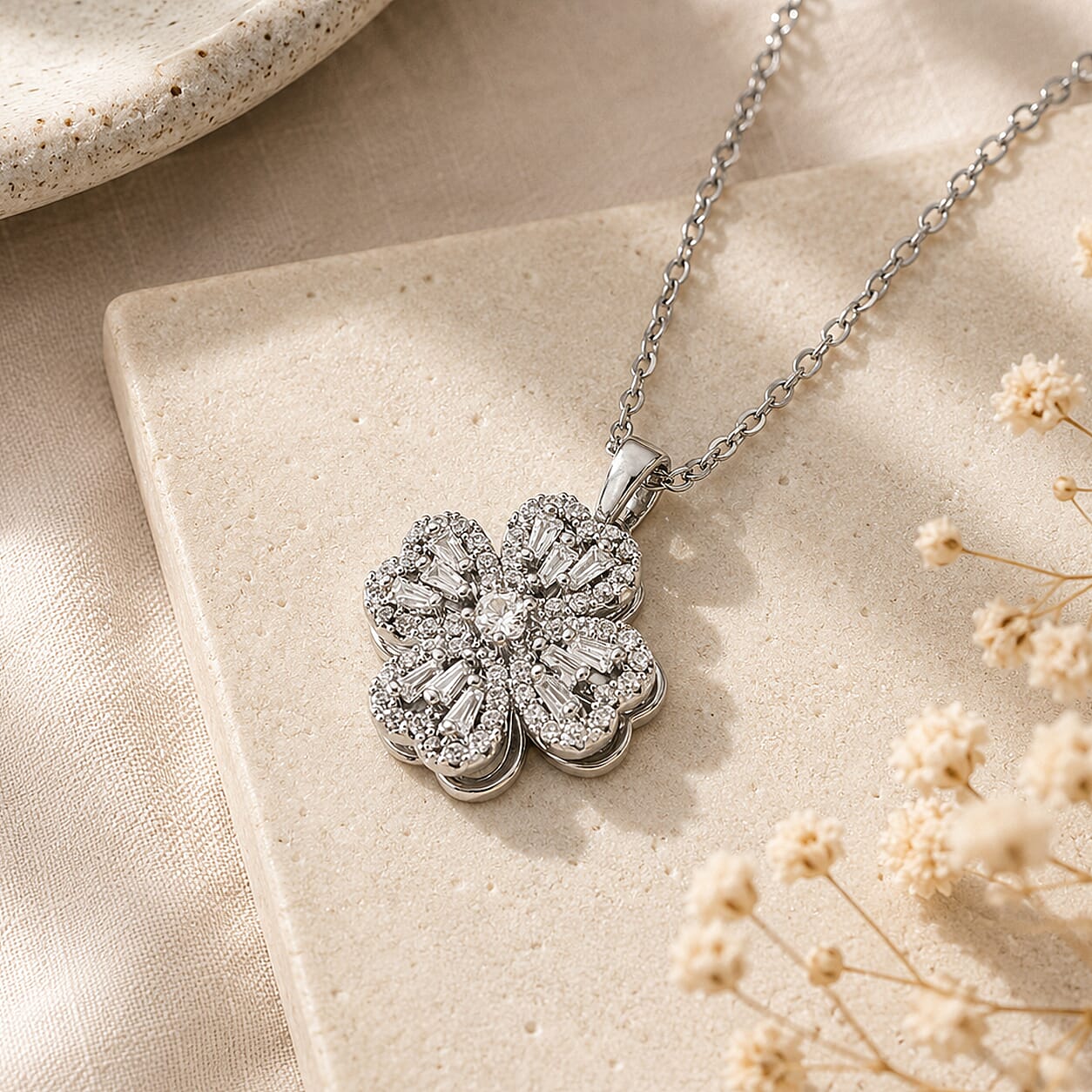 Simulated Diamond Necklace in Silvertone Stainless Steel 18 Inches