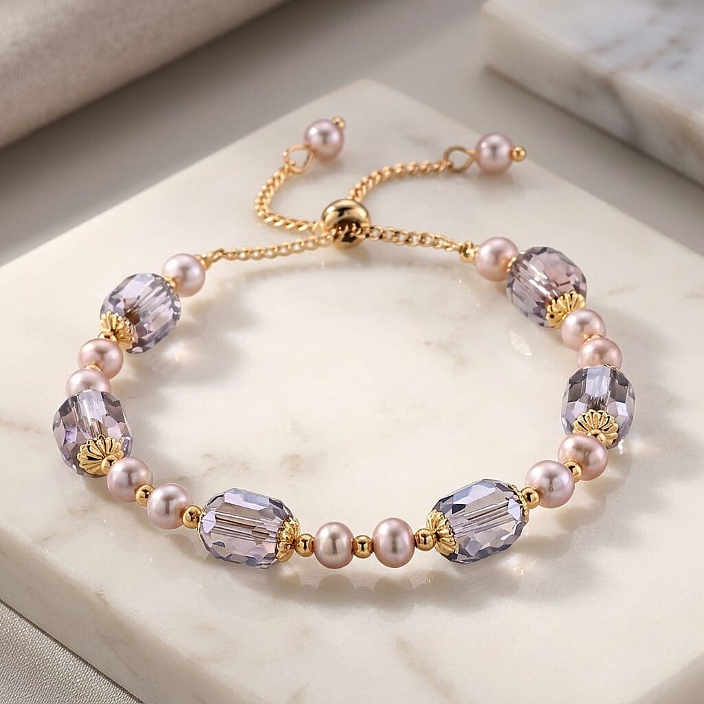 Austrian Crystal and Freshwater Pearl Bracelet in Goldtone (6.5-8.5In)