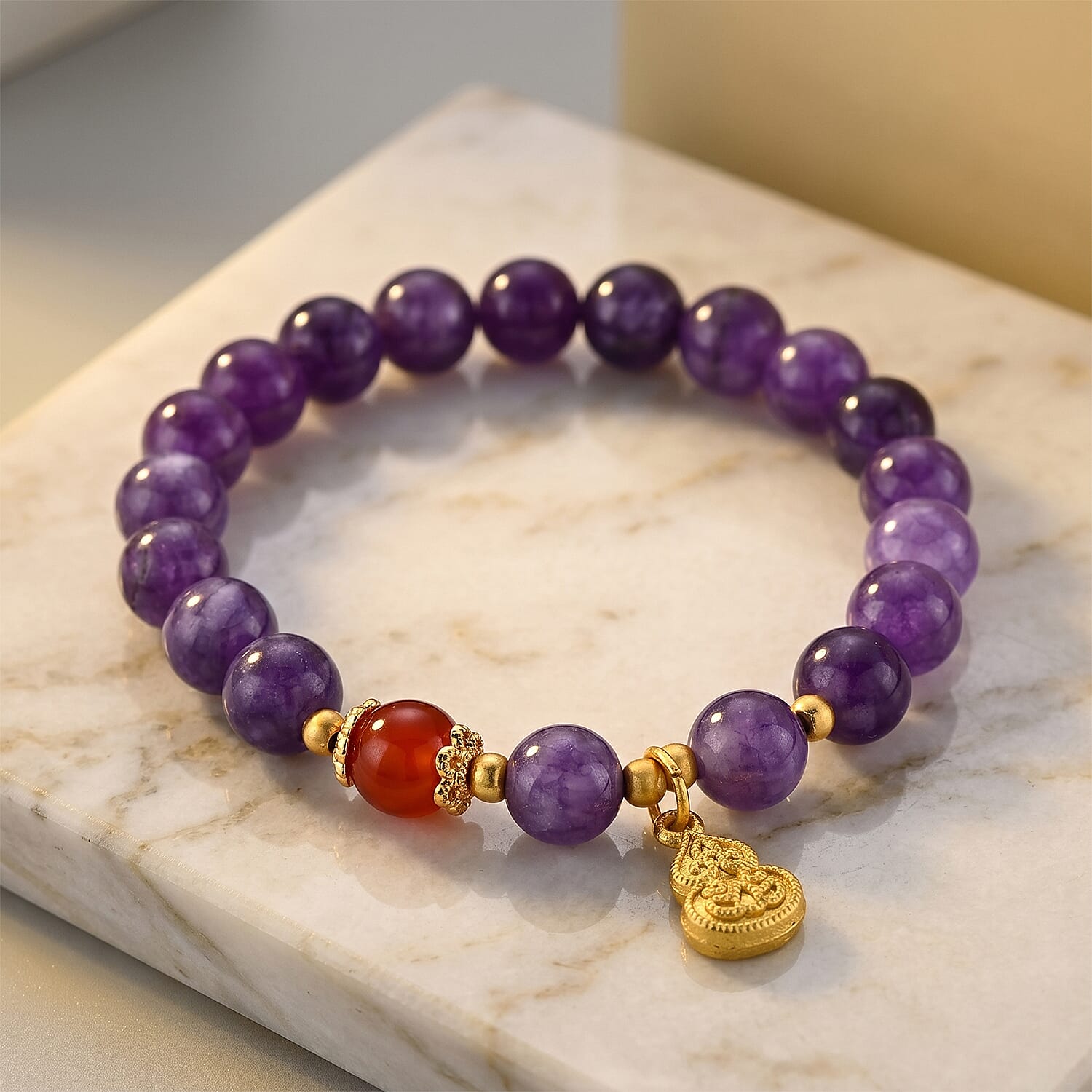 African Amethyst and Red Agate 95.00 ctw Beaded Bracelet in Goldtone (6.25-6.75In)