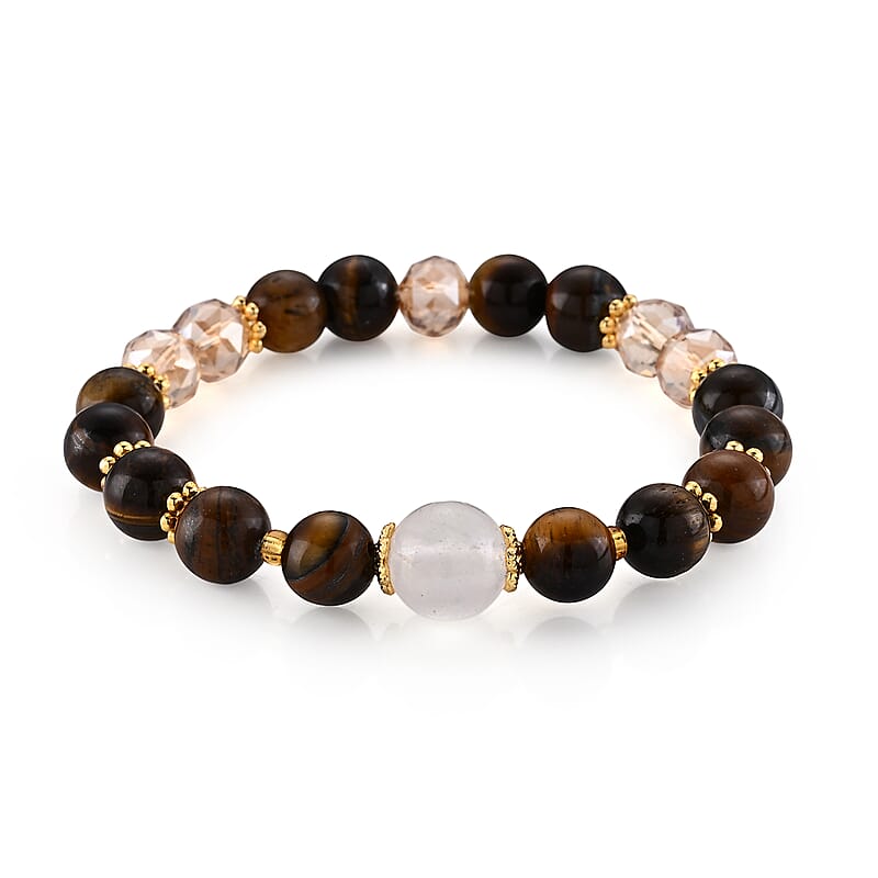 Tiger's Eye 85.00 ctw and Austrian Crystal Bracelet in Goldtone (6.25-6.75In)