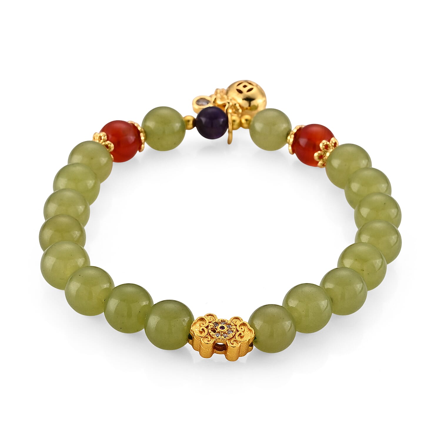 Jade and Red Agate 107.00 ctw Beaded Bracelet in Goldtone (6.25-6.75In)