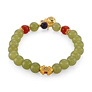Jade and Red Agate 107.00 ctw Beaded Bracelet in Goldtone (6.25-6.75In)