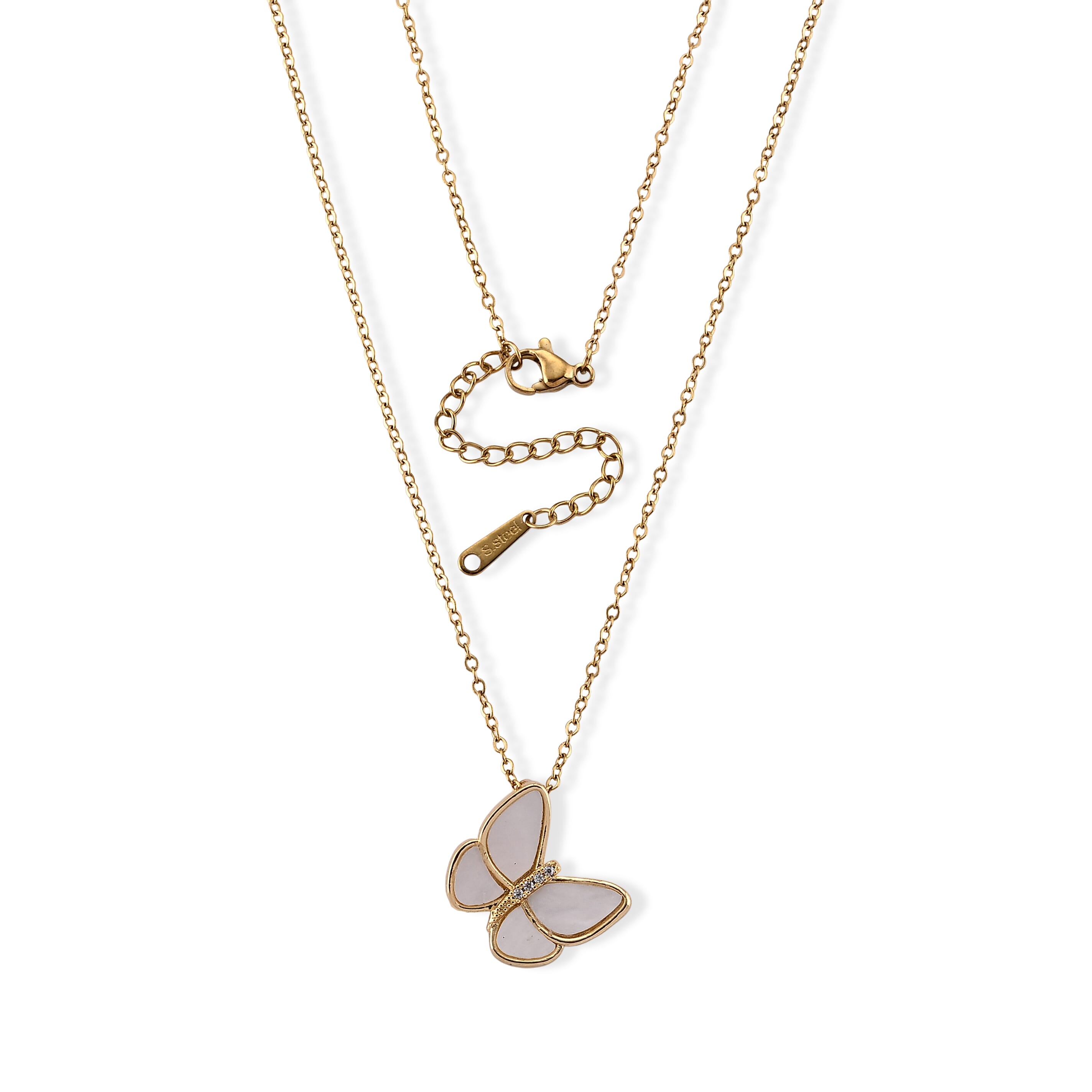 Simulated Pearl and Simulated Diamond Necklace in Goldtone Stainless Steel 18 Inches