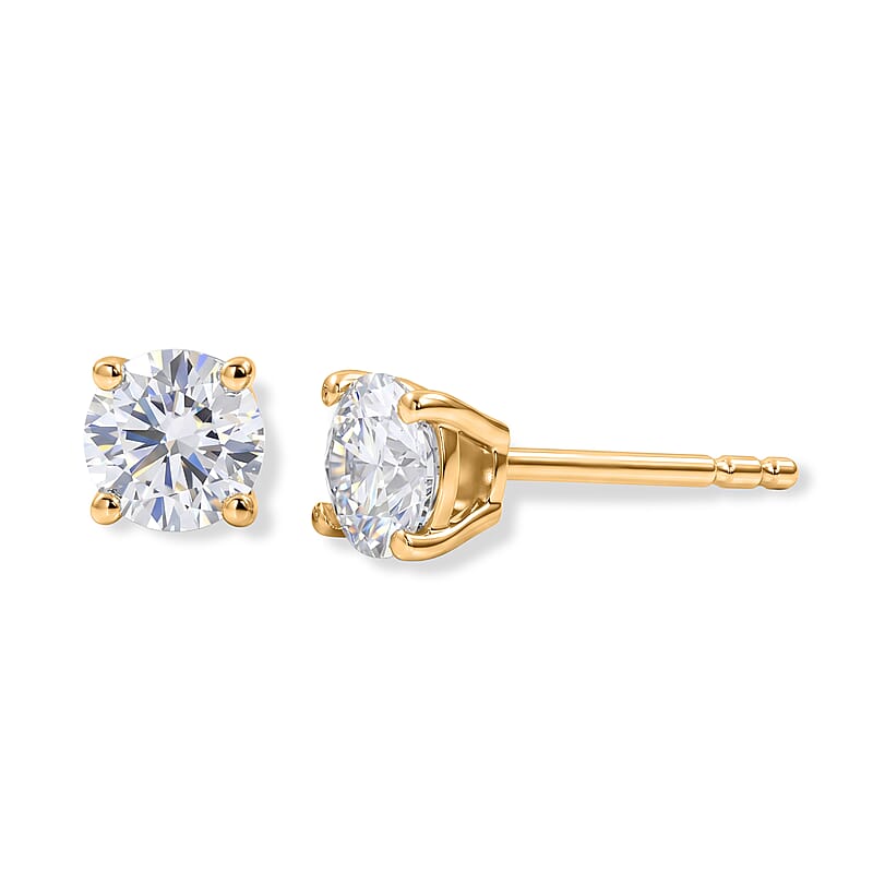 D'Joy Certified Moissanite (D, VVS) 1.00 ctw Solitaire Stud Earrings in 18K YG Plated Sterling Silver