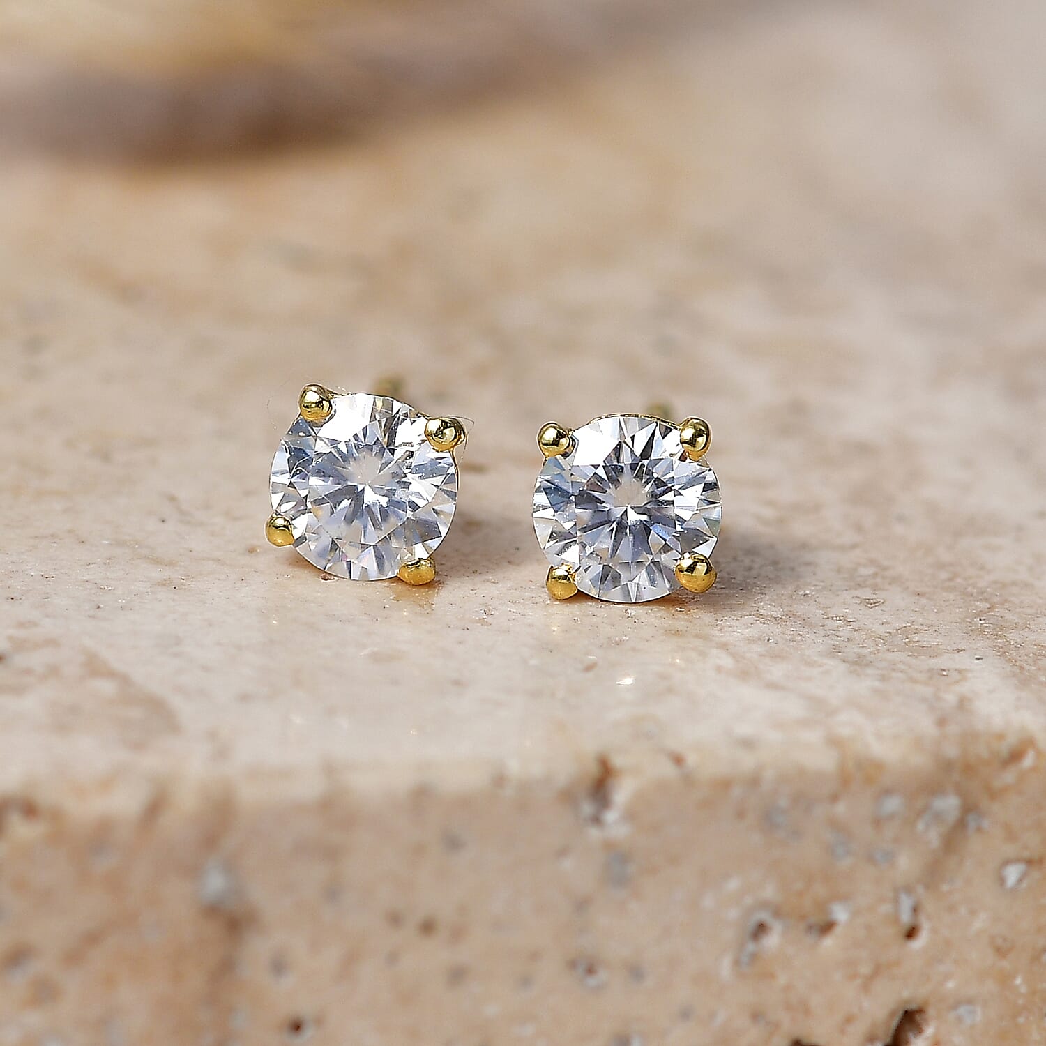 D'Joy Certified Moissanite (D, VVS) 1.00 ctw Solitaire Stud Earrings in 18K YG Plated Sterling Silver (Ships in 8-10 Days)