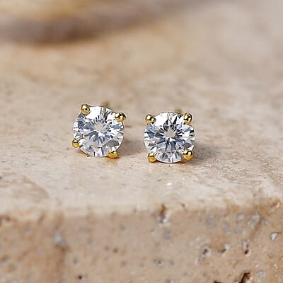 D'Joy Certified Moissanite (D, VVS) 1.00 ctw Solitaire Stud Earrings in 18K YG Plated Sterling Silver
