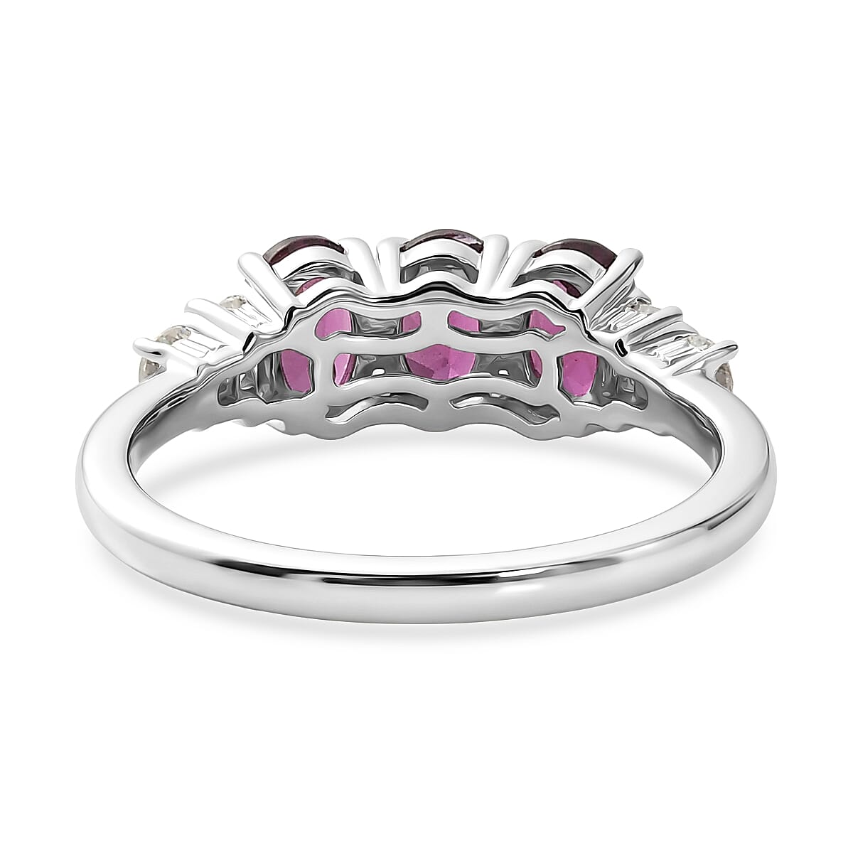D'Joy AAA Radiant Ember Garnet and Moissanite 1.90 ctw Three Stone Ring in Rhodium Over Sterling Silver (Size 10.0) image number 4