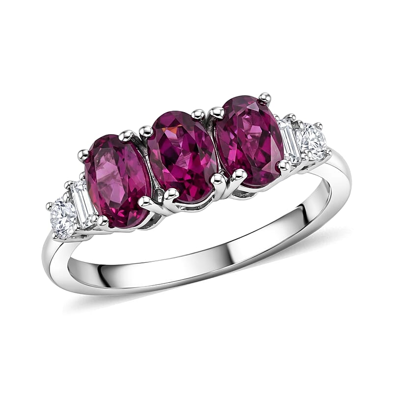 D'Joy AAA Radiant Ember Garnet and Moissanite 1.90 ctw Trinity Ring in Rhodium Over Sterling Silver (Size 5.0)