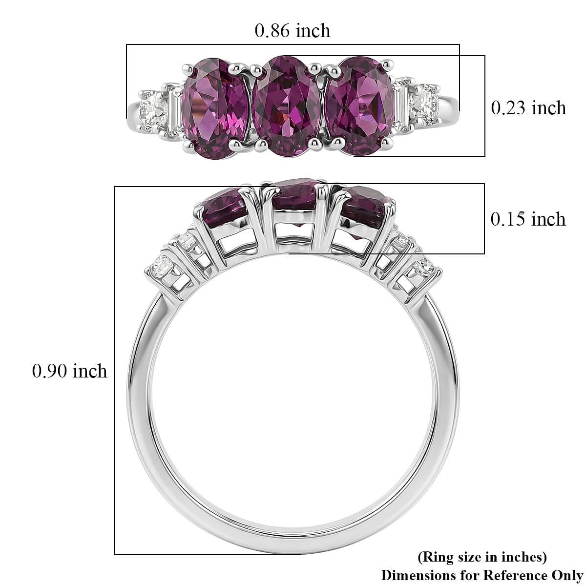 D'Joy AAA Radiant Ember Garnet and Moissanite 1.90 ctw Three Stone Ring in Rhodium Over Sterling Silver (Size 5.0) image number 5