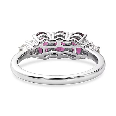 D'Joy AAA Radiant Ember Garnet and Moissanite 1.90 ctw Trinity Ring in Rhodium Over Sterling Silver (Size 5.0)