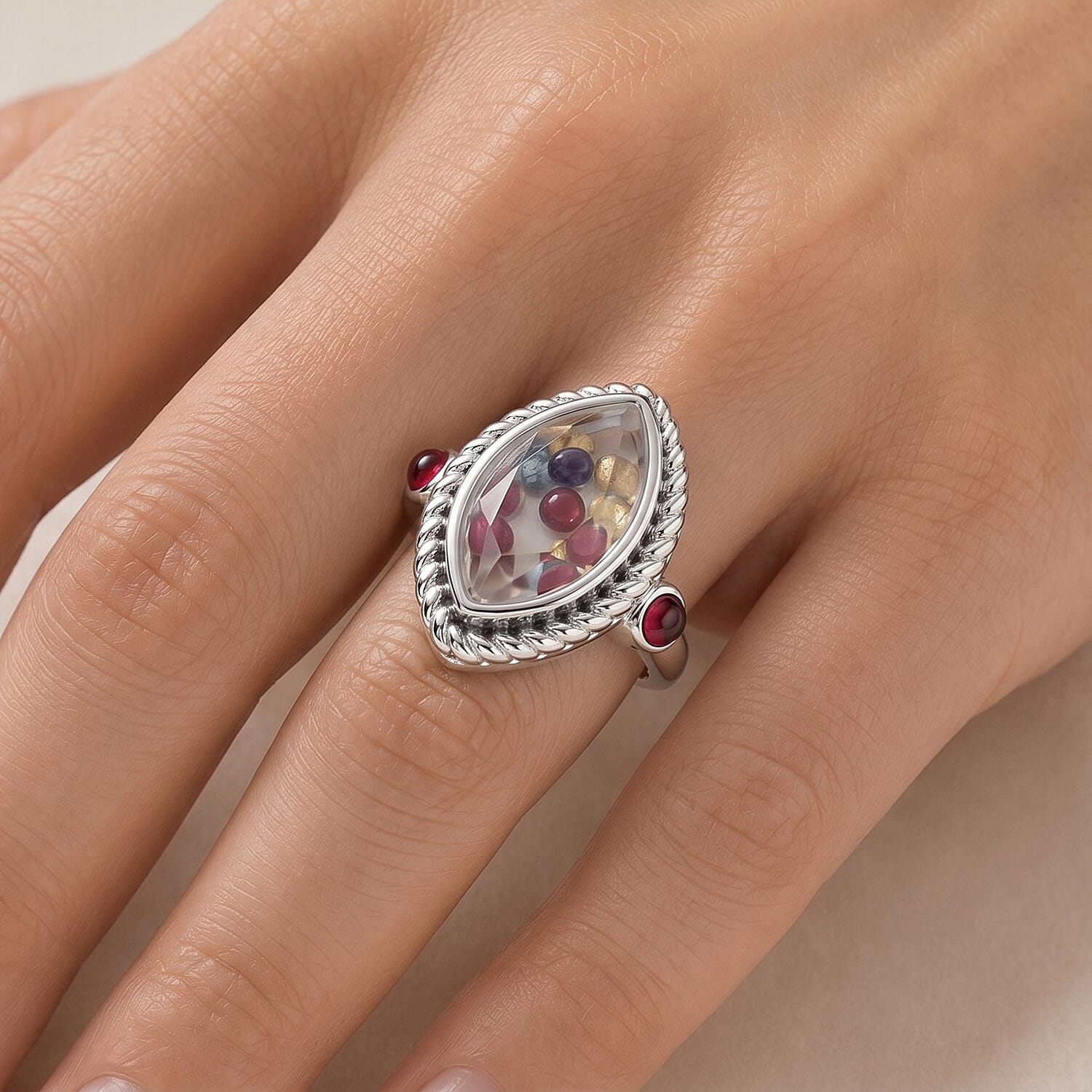 Multi-Tourmaline and Red Garnet Ring in Silvertone (Adjustable) 0.32 ctw