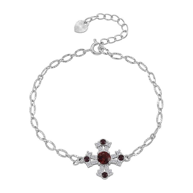 Mozambique Garnet and Simulated Diamond 0.68 ctw Bracelet in Silvertone (6-7In)