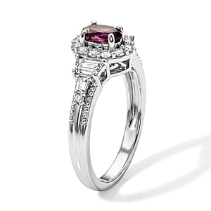 D'Joy Premium Radiant Ember Garnet and White Zircon 1.35 ctw Vintage Medallion Collection Ring in Rhodium Over Sterling Silver (Size 10.0)
