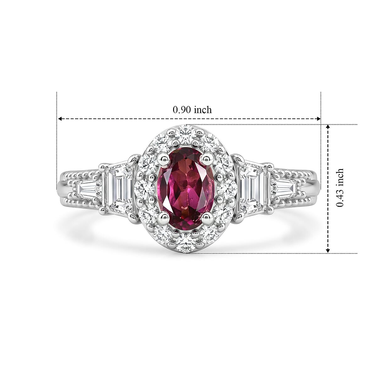 D'Joy Premium Radiant Ember Garnet and White Zircon 1.35 ctw Vintage Medallion Collection Ring in Rhodium Over Sterling Silver (Size 10.0) image number 5