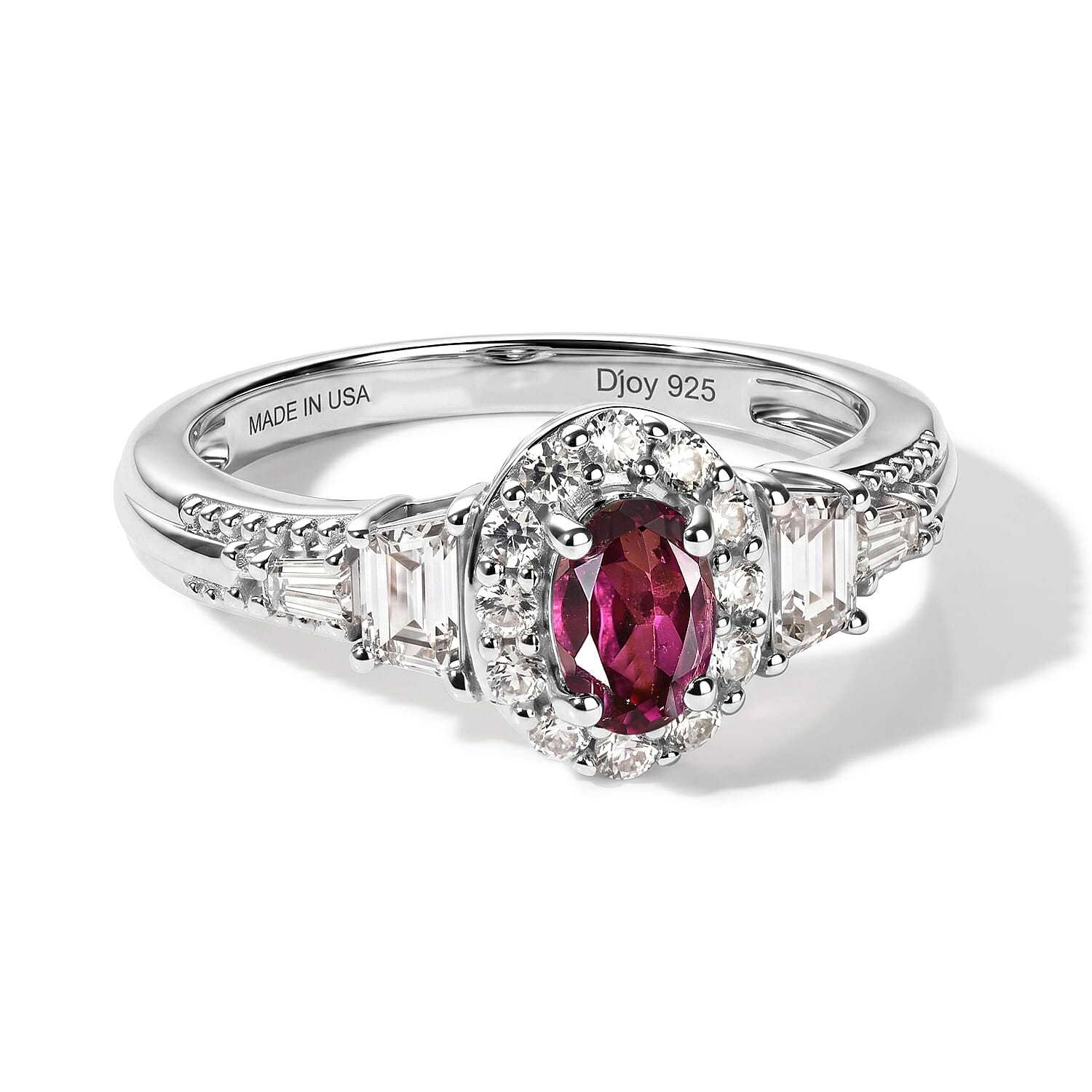 D'Joy Premium Radiant Ember Garnet, White Zircon Ring in Rhodium Over Sterling Silver (Size 10.0) 1.35 ctw