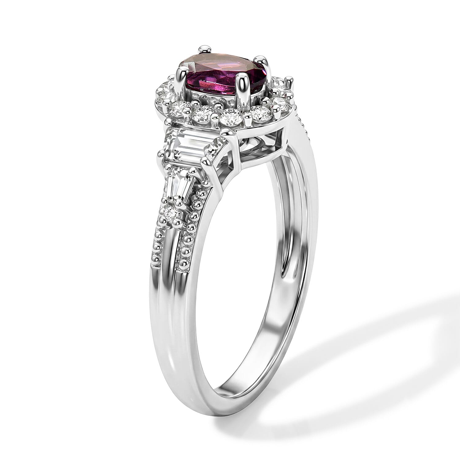 D'Joy Premium Radiant Ember Garnet and White Zircon 1.35 ctw Vintage Medallion Collection Ring in Rhodium Over Sterling Silver (Size 6.0)