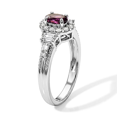D'Joy Premium Radiant Ember Garnet and White Zircon 1.35 ctw Vintage Medallion Collection Ring in Rhodium Over Sterling Silver (Size 6.0)