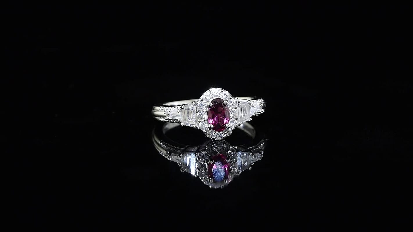 D'Joy Premium Radiant Ember Garnet, White Zircon Ring in Rhodium Over Sterling Silver (Size 10.0) 1.35 ctw