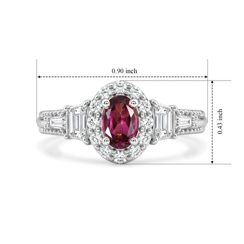 D'Joy Premium Radiant Ember Garnet and White Zircon 1.35 ctw Vintage Medallion Collection Ring in Rhodium Over Sterling Silver (Size 7.0)