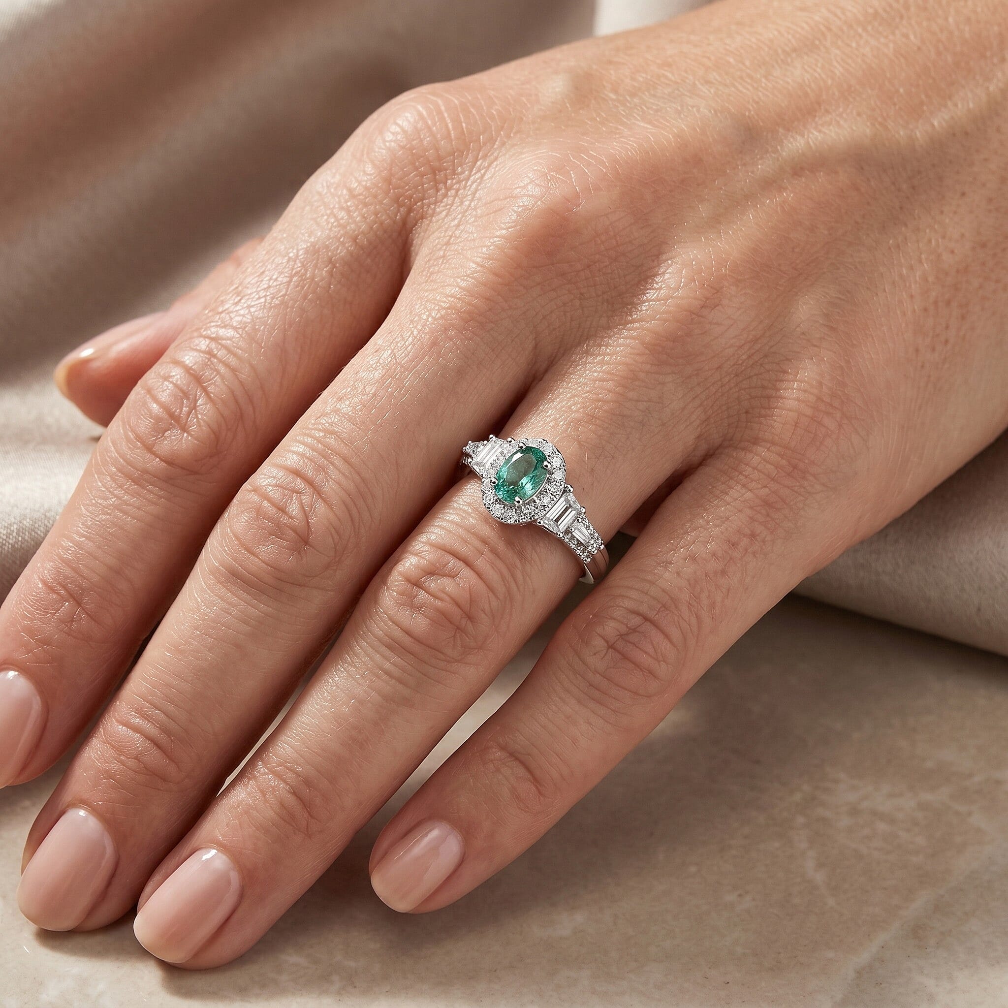 D'Joy Premium Kagem Zambian Emerald and White Zircon 1.30 ctw Vintage Medallion Collection Ring in Rhodium Over Sterling Silver (Size 5.0)