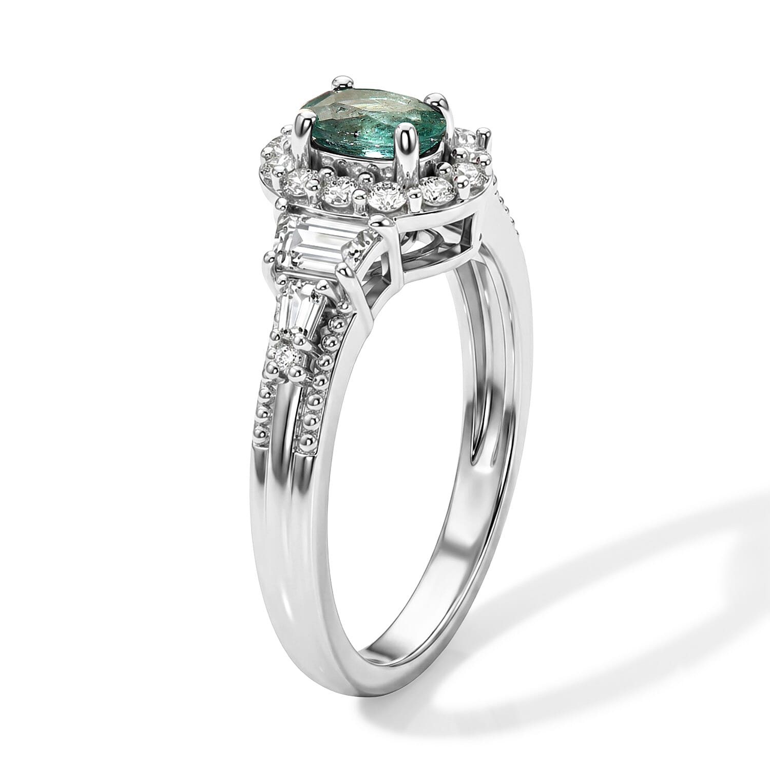 D'Joy Premium Kagem Zambian Emerald and White Zircon 1.30 ctw Vintage Medallion Collection Ring in Rhodium Over Sterling Silver (Size 5.0)