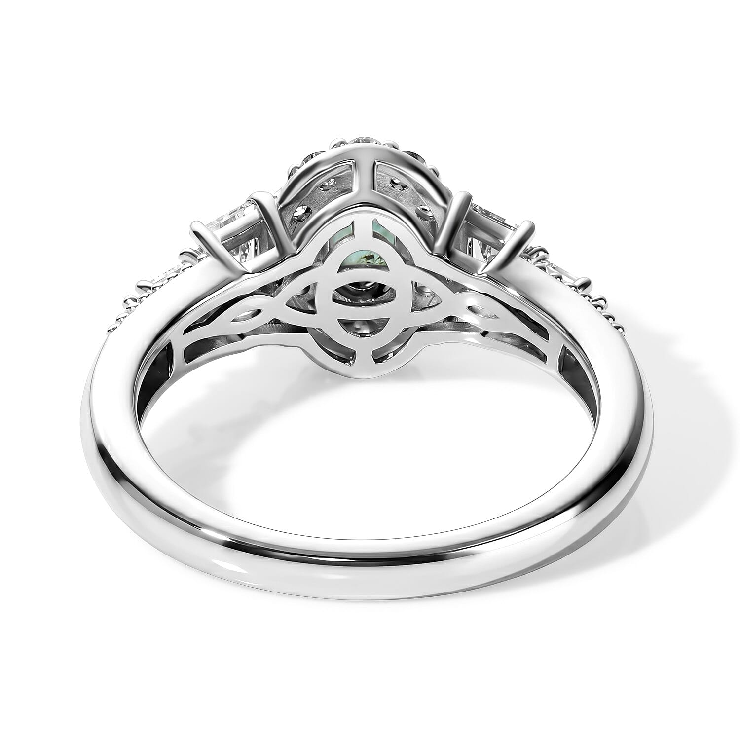 D'Joy Premium Kagem Zambian Emerald and White Zircon 1.30 ctw Vintage Medallion Collection Ring in Rhodium Over Sterling Silver (Size 5.0)