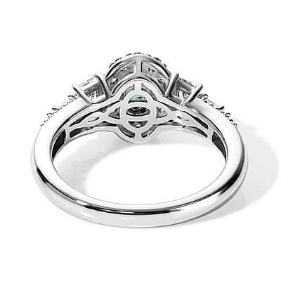 D'Joy Premium Kagem Zambian Emerald and White Zircon 1.30 ctw Vintage Medallion Collection Ring in Rhodium Over Sterling Silver (Size 5.0)