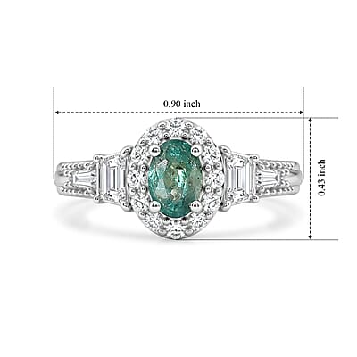 D'Joy Premium Kagem Zambian Emerald and White Zircon 1.30 ctw Vintage Medallion Collection Ring in Rhodium Over Sterling Silver (Size 5.0)