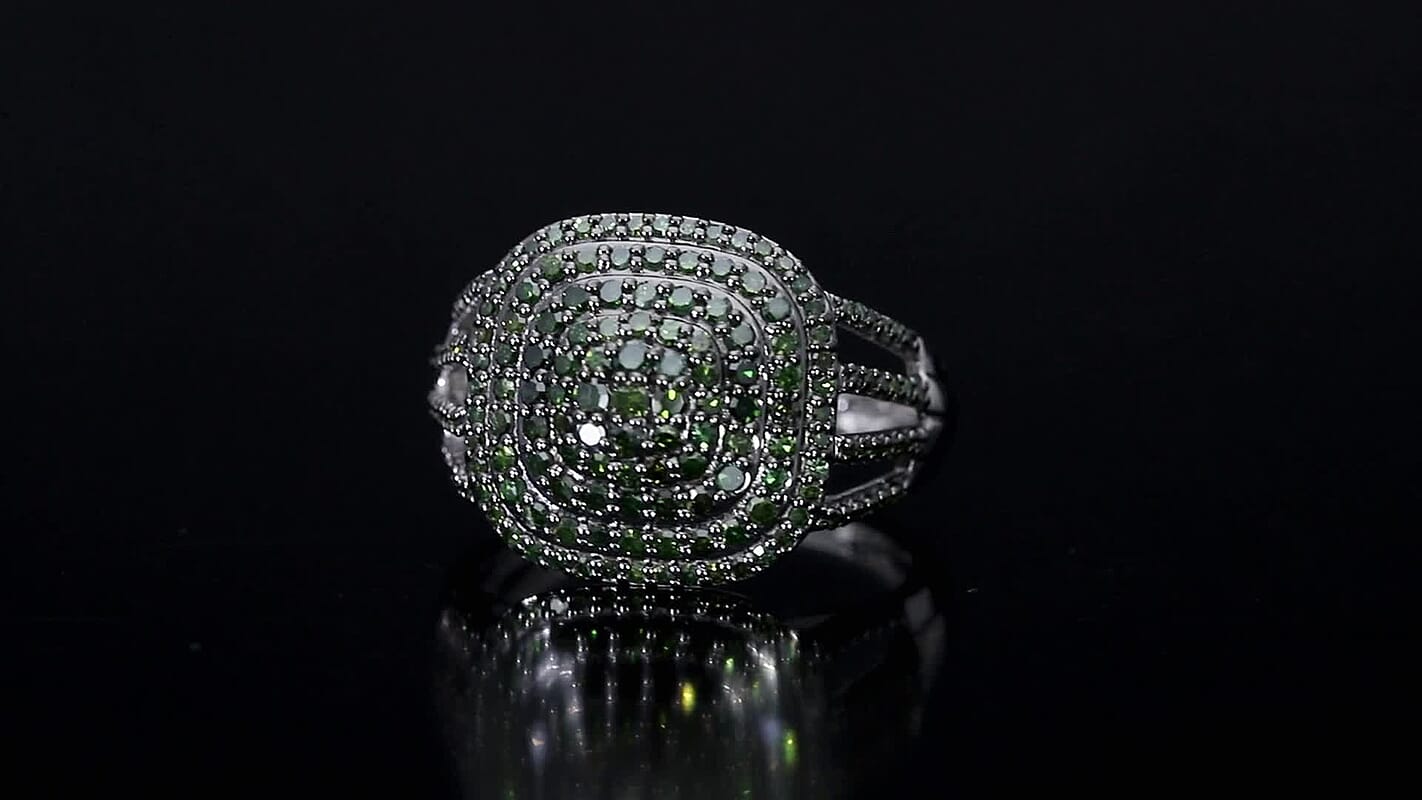 TLV D'Joy Green Diamond (IR) Ring in Rhodium Over Sterling Silver (Size 6.0) 1.00 ctw