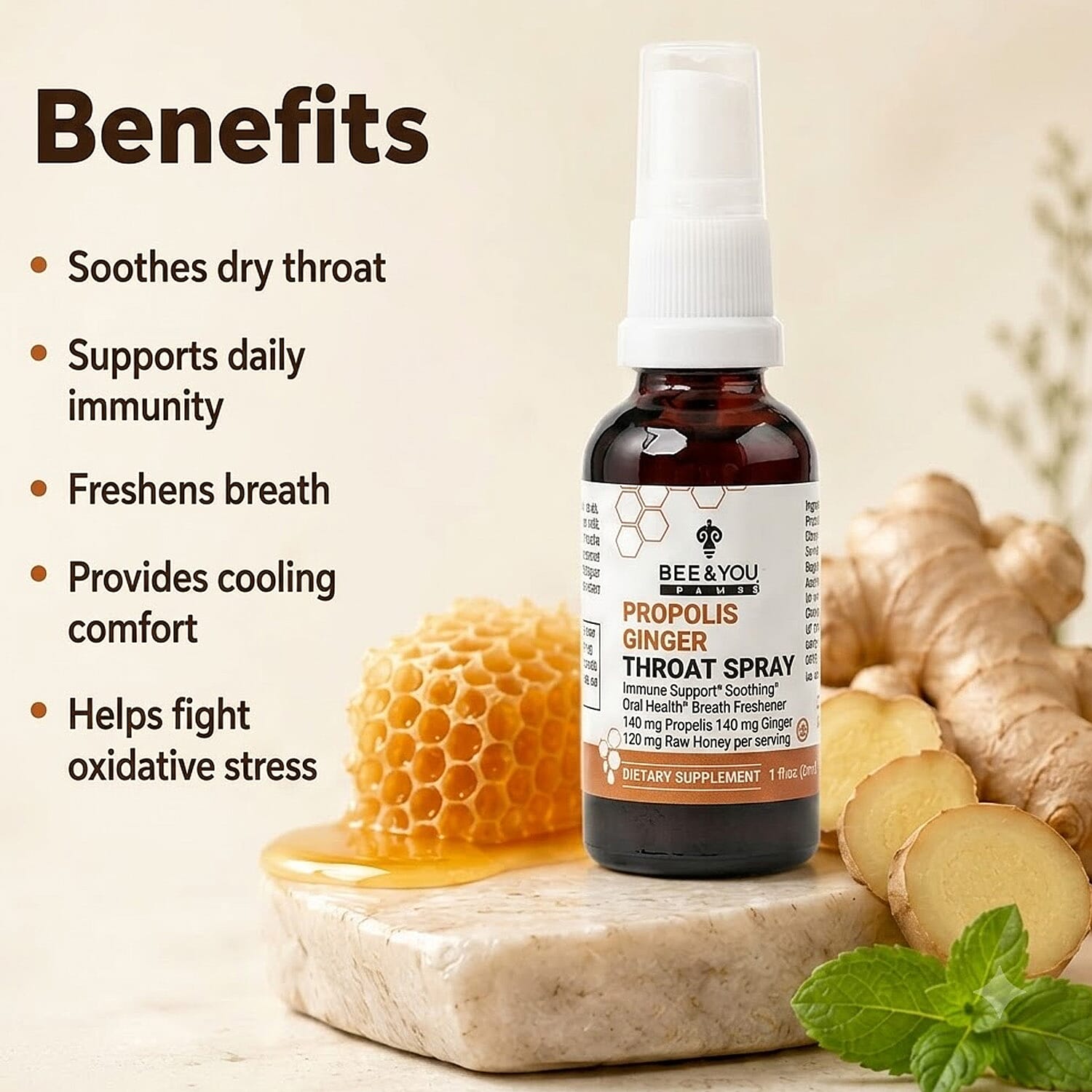Bee & You Propolis Ginger Throat Spray with Raw Honey (1oz)