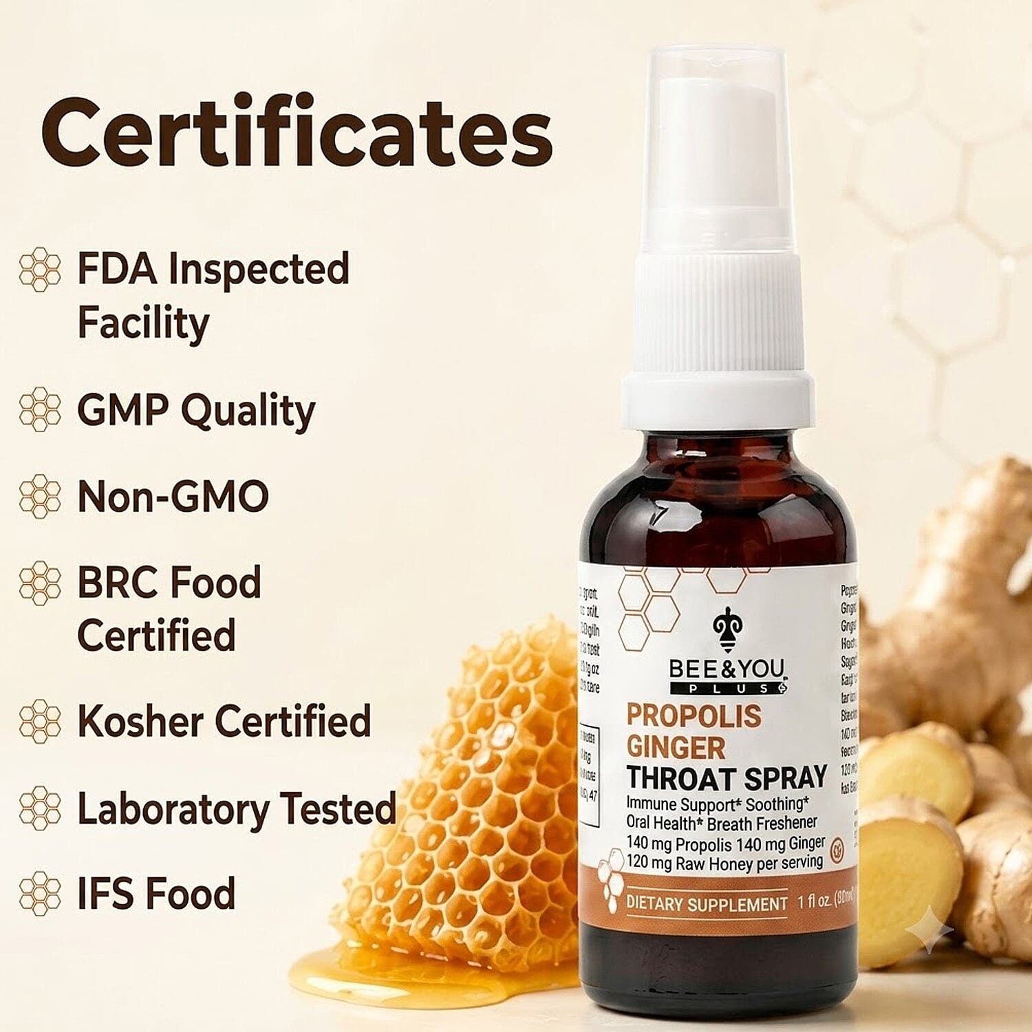 Bee & You Propolis Ginger Throat Spray with Raw Honey (1oz)