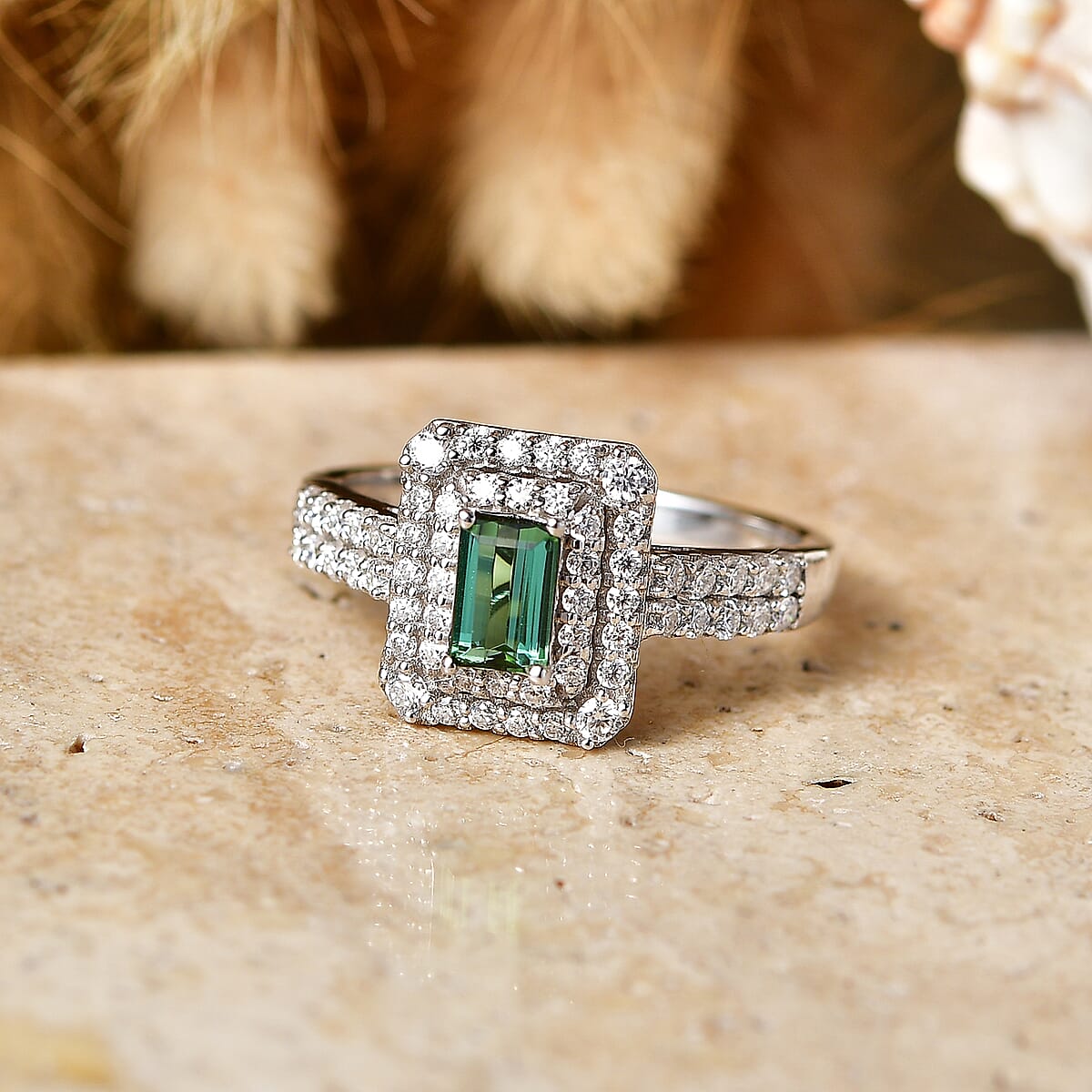 Certified & Appraised D'Joy Premium Pirineu Lagoon Tourmaline and Moissanite 1.30 ctw Ring in Rhodium Over Sterling Silver (Size 10.0) image number 1