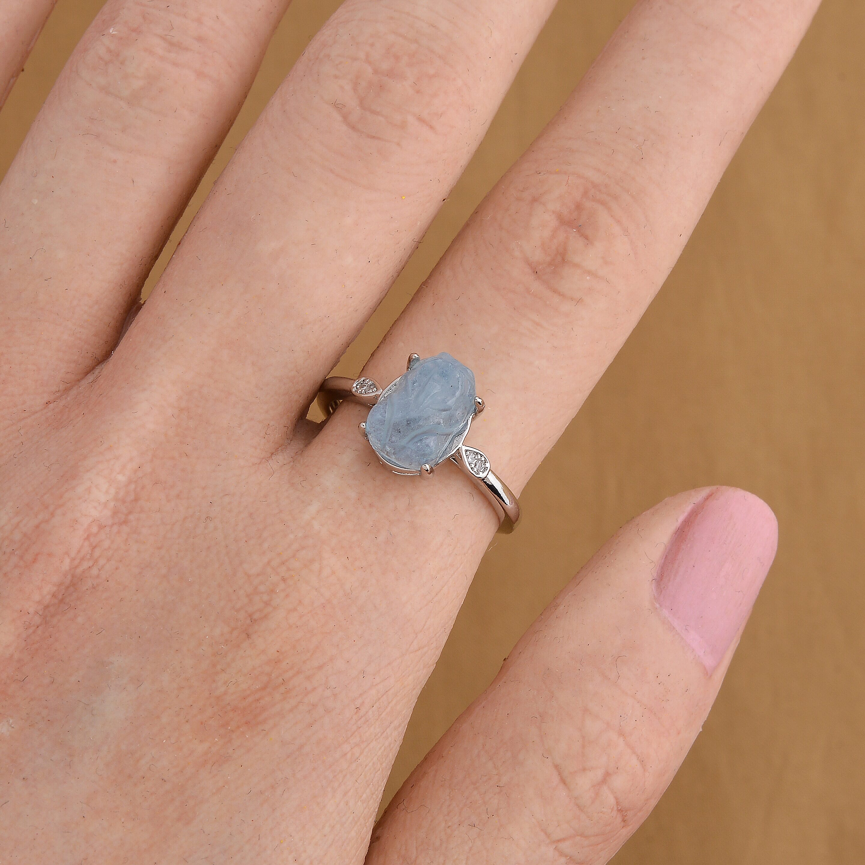 Aquamarine and Simulated Diamond Ring in Silvertone (Adjustable) 0.64 ctw