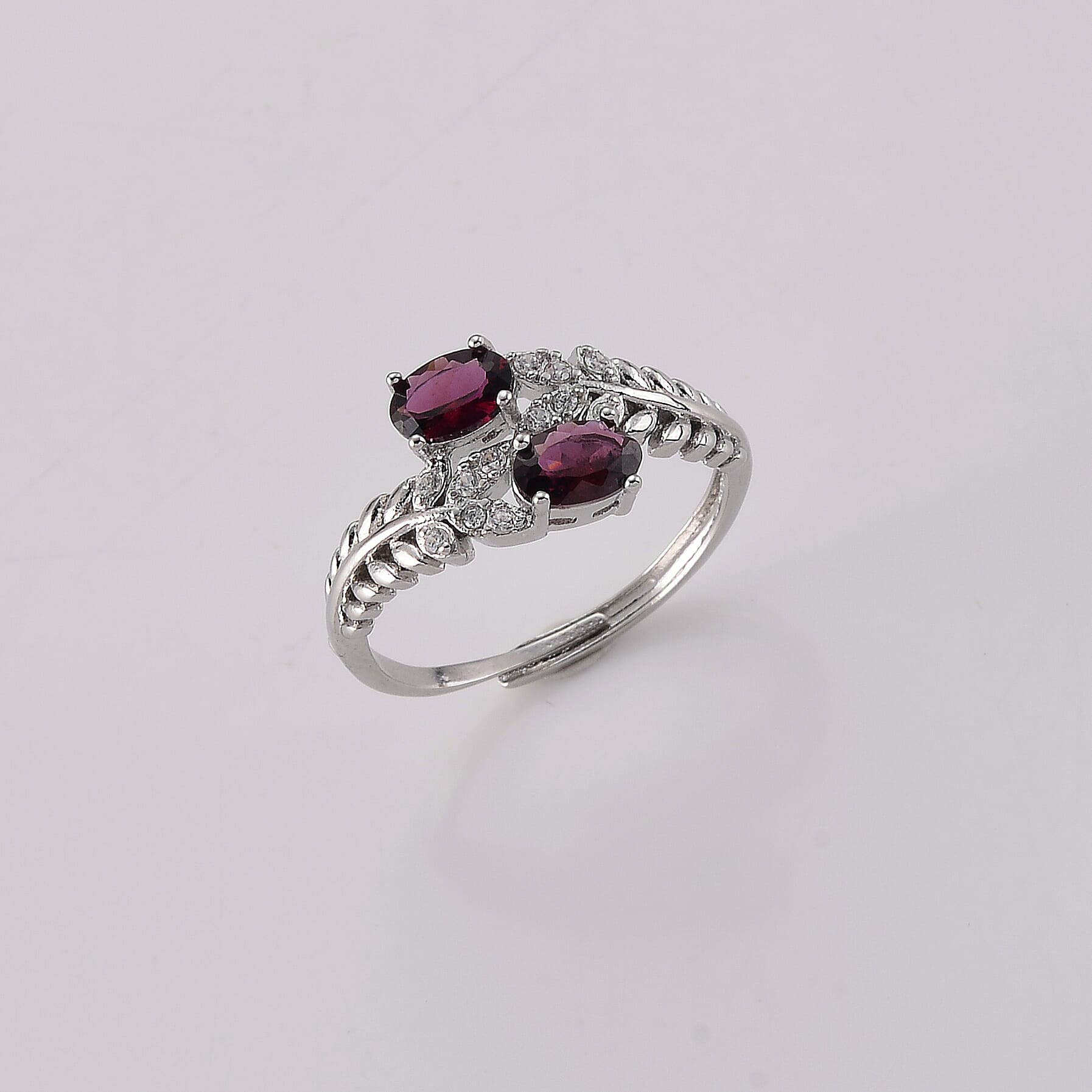 Red Garnet and Simulated Diamond Ring in Silvertone (Adjustable) 0.72 ctw
