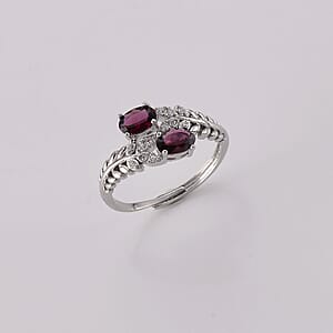 Red Garnet and Simulated Diamond Ring in Silvertone (Adjustable) 0.72 ctw