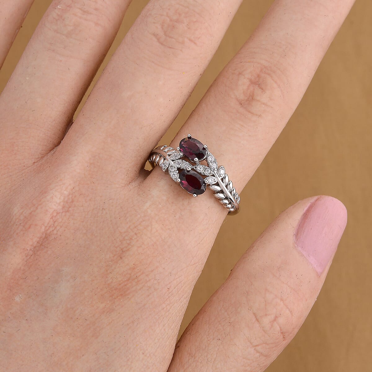 Red Garnet and Simulated Diamond Ring in Silvertone (Adjustable) 0.72 ctw image number 1