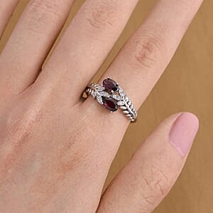 Red Garnet and Simulated Diamond Ring in Silvertone (Adjustable) 0.72 ctw