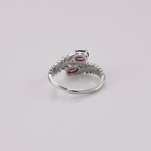 Red Garnet and Simulated Diamond Ring in Silvertone (Adjustable) 0.72 ctw