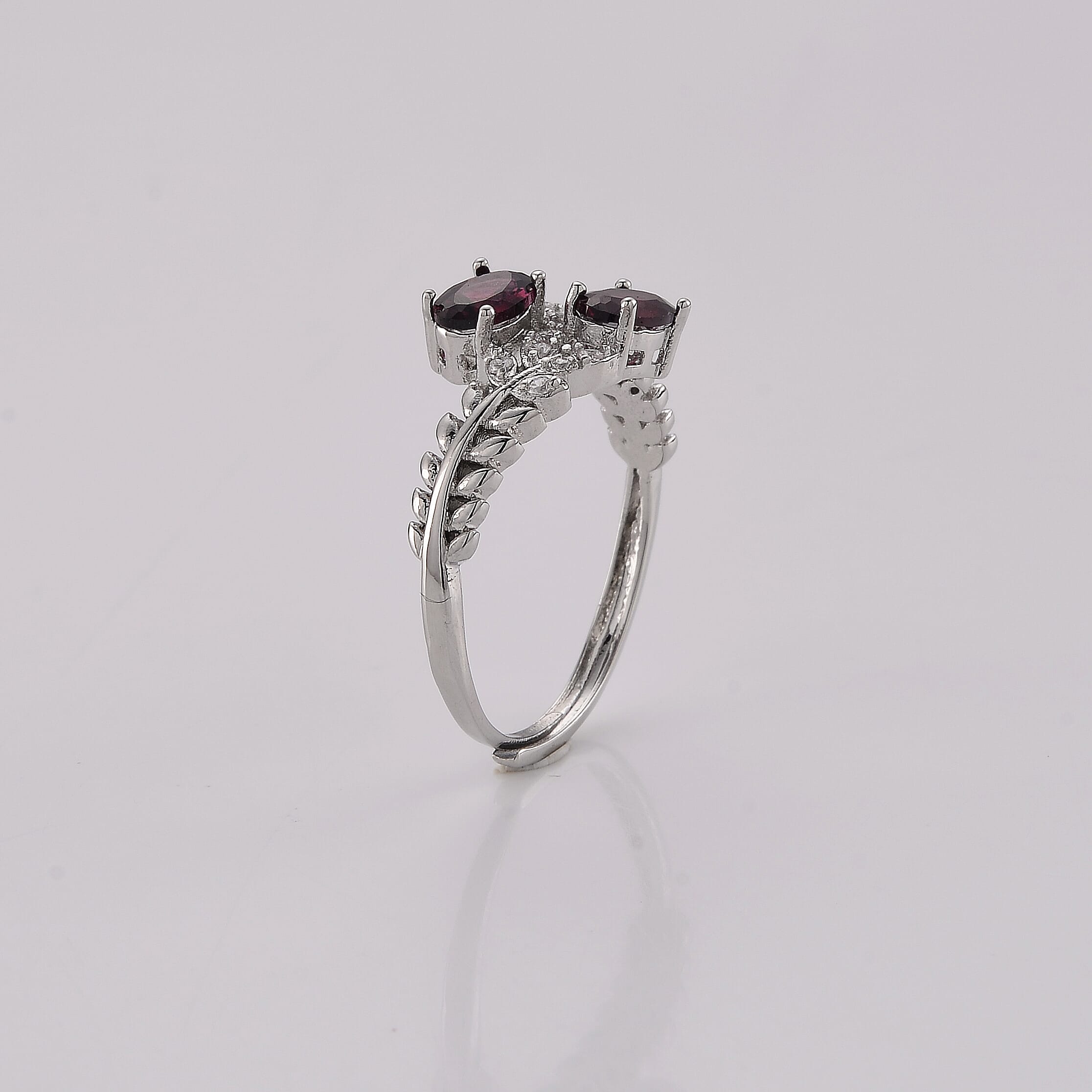Red Garnet and Simulated Diamond Ring in Silvertone (Adjustable) 0.72 ctw