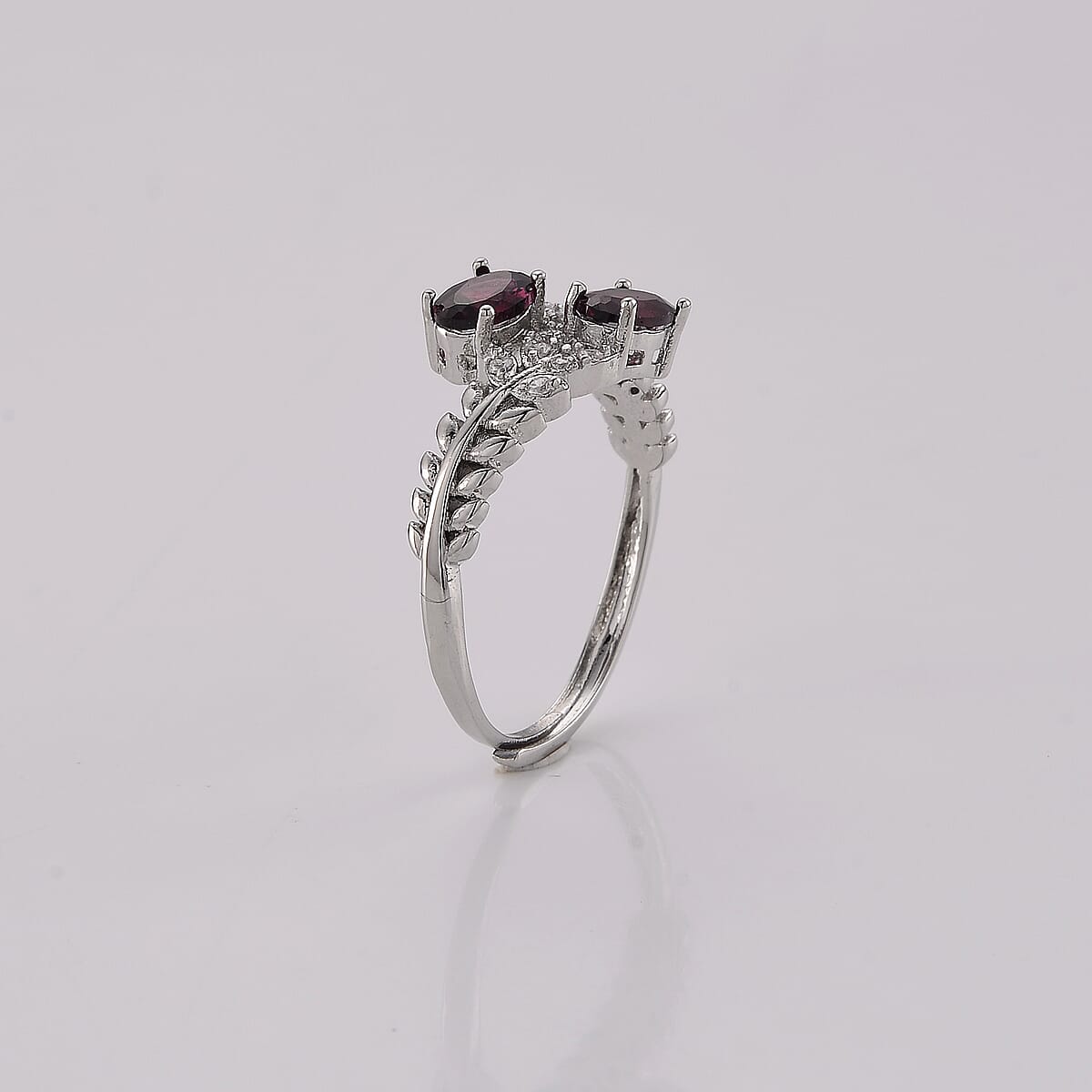 Red Garnet and Simulated Diamond Ring in Silvertone (Adjustable) 0.72 ctw image number 3