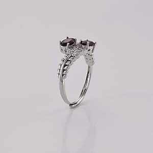 Red Garnet and Simulated Diamond Ring in Silvertone (Adjustable) 0.72 ctw